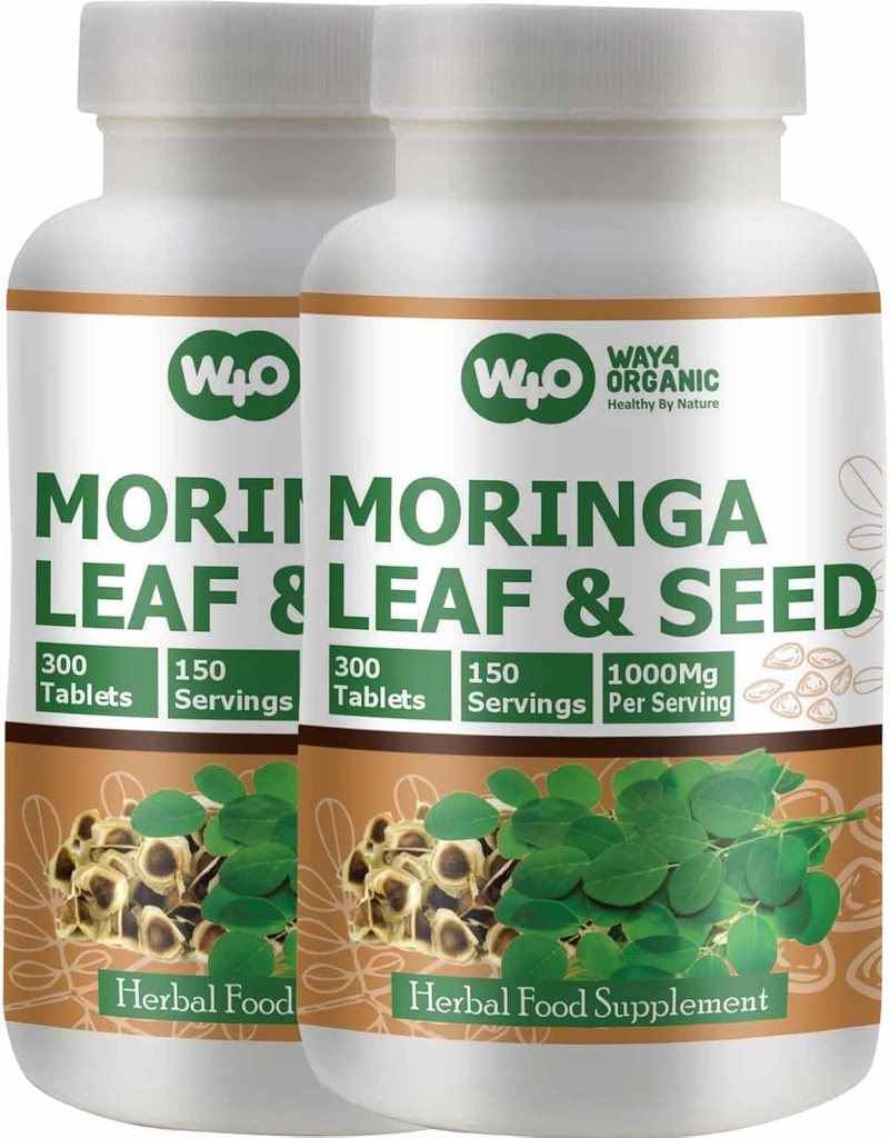 Moringa Oleifera Leaf and Seed Powder (80:20) Ratio 300 Pillen(Tablets), 150 Servings, 1000 mg. Niet-gecoate Malunggay Herbal Supplement, No Chemical Coating, Green Superfood. Verpakking van 2.
