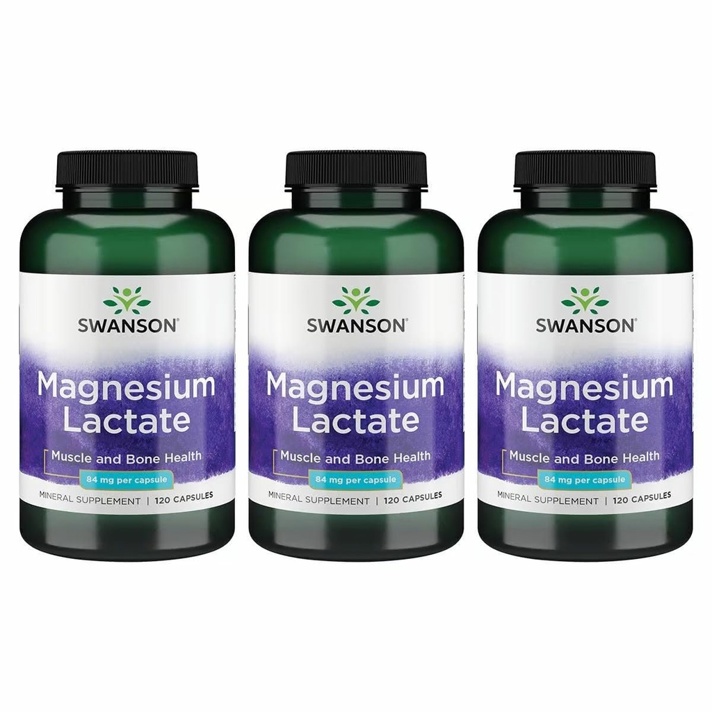 Swanson Magnesium Lactaat - Mineral Supplement Promoting Muscle and Bone Health Support - Lactose-Free Lactate Mineral Form for Gentle Absorptie - (120 Capsules, 84mg Each) 3 Pack