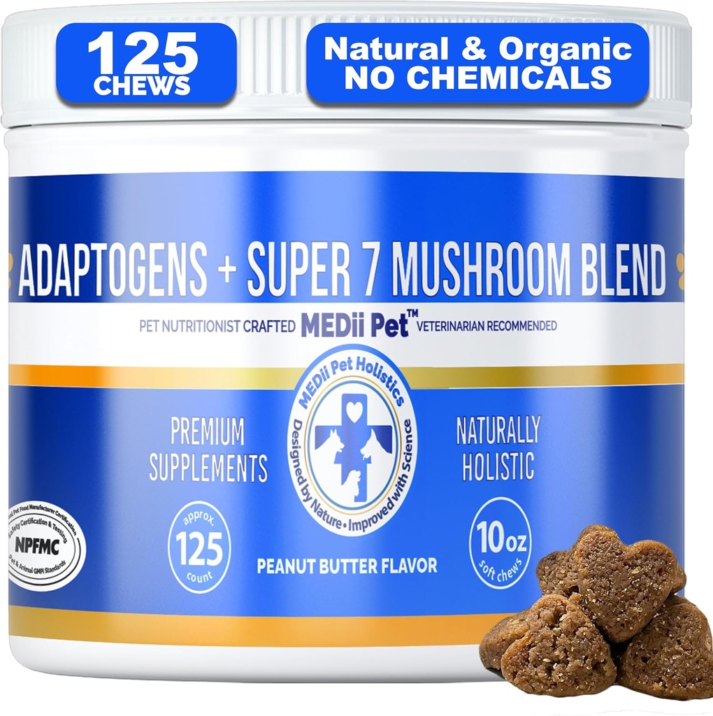 MediiPet 7 Paddestoelen Immuun Kauwen - Paddestoelensupplement voor hond - Buddy Guard voor honden Lumps & Bumps - Reishi, Shiitake, Maitake, Turkije staart - Bevorder Wellness, Vecht Oxidatieve Stress, Gezonde Veroudering