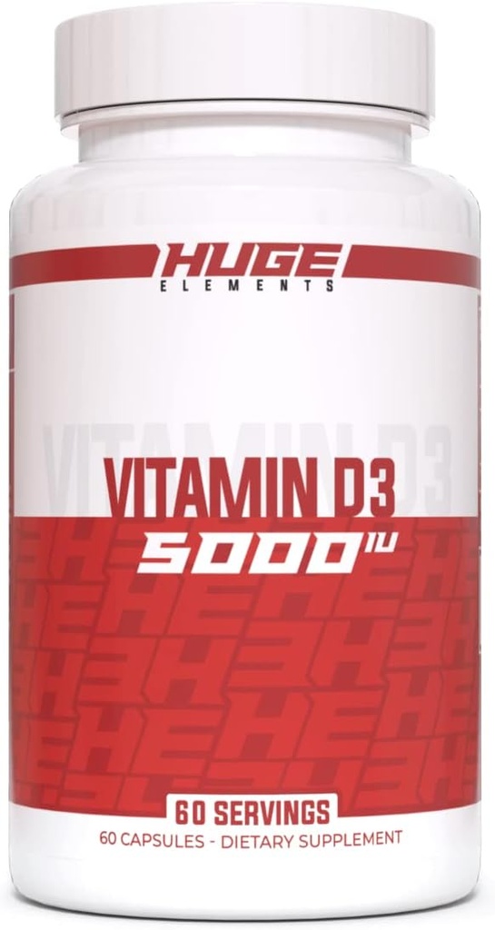 Huge Supplements Vitamin D3, 5000 IU (125mcg) per Serving, Non-GMO, Gluten-Free, Soy-Free - Supports Immune System, Bone Health, and Mood (60 Capsules)