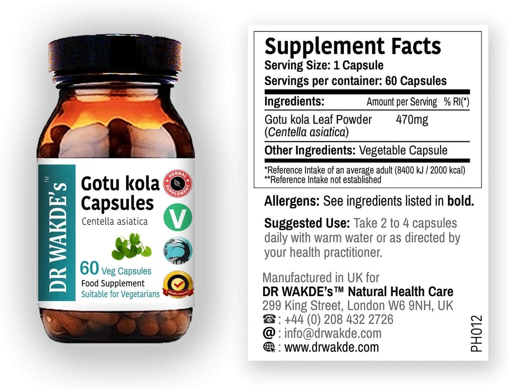 DR WAKDE'S Gotu kola Capsules (Mandukparni, Centella asciatia, 60 Veg Caps, Plant Based Supplement, Ayurvedic Herb, All Natural, Vegan)