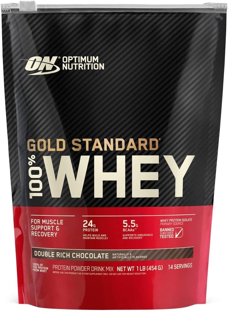 Optimale Voeding Gold Standaard 100% Wei Proteïne Poeder, Dubbele Rijke Chocolade (1 lb.), Pakket kan variëren
