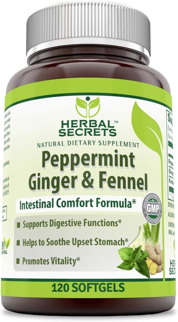 Kruidengeheimen Pepermunt Ginger & Fennel 120 Softgels (Non-GMO) - Ondersteunt spijsverteringsfuncties* - Bevordert vitaliteit*- Helpt bij het kalmeren van de maag