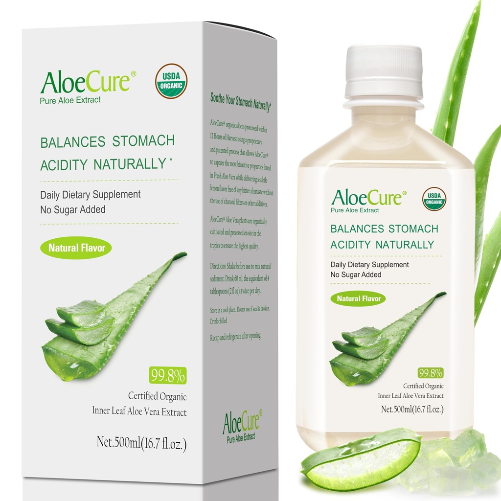 AloëCure USDA Organische Aloë Vera sap gemaakt binnen 12 uur van de oogst - Pure Aloë Juice Natuurlijke spijsverteringssupplement ter ondersteuning van spijsvertering, immuunsysteem en evenwichtige maagzuur, 500 ml fles