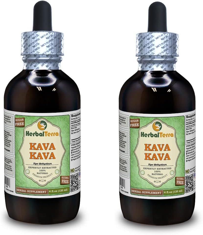 Kava Kava (Piper Methysticum) Glycerite, Dried Root Alcohol-Free Liquid Extract (Brand Name: HerbalTerra, Proudly Made in USA) 2x4 fl.oz (2x120 ml)