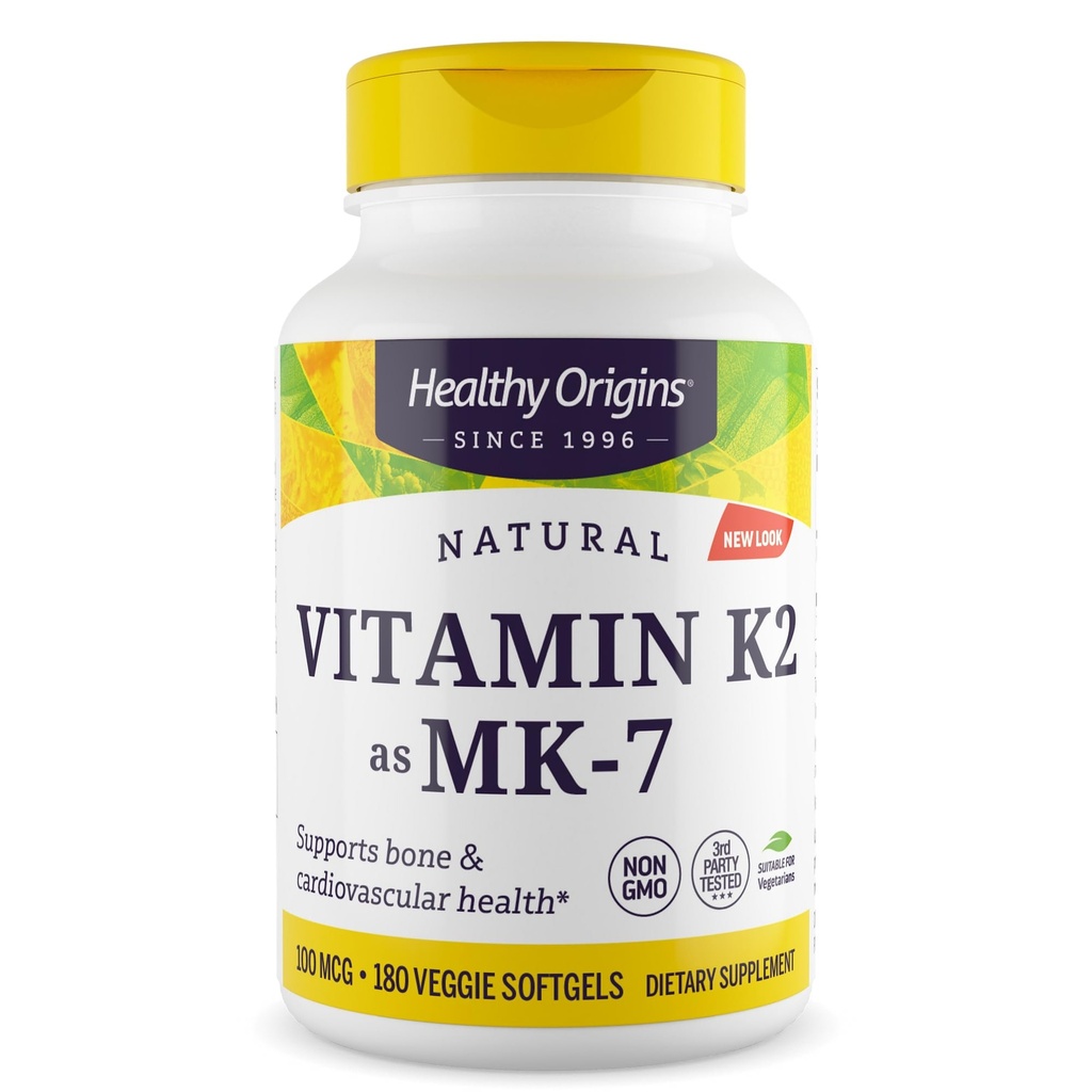 Gezonde oorsprong Vitamine K2 100 mcg (MK-7, Non-GMO, Glutenvrij, Cardiovascaular Ondersteuning, Bone Support), 180 Veggie Gels