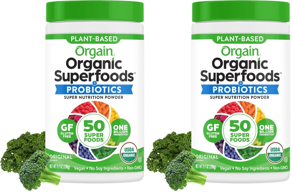 Orgain Organic Greens Powder + 50 Superfoods, Original - 1 Miljard Probiotica voor Gut Health, Antioxidanten, Vegan, Plant Based, Gluten Free, Non GMO, Dairy Free Juice & Smoothie Mix - 0,62lb
