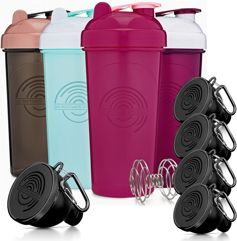 GOMOYO Fitness Bundle - 4-pack Shaker flessen met agitator + 5-pack eiwit Funnels met karabijnmachine, BPA-vrije en afwasmachine veilig