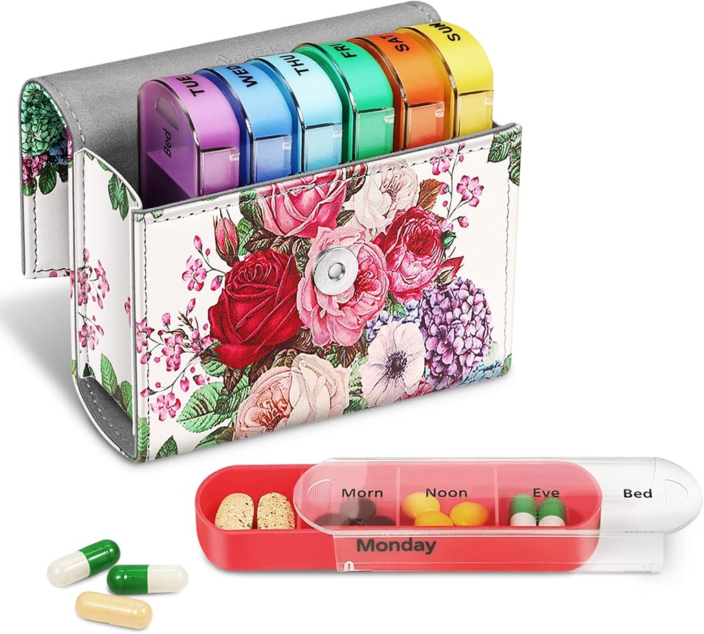 FINPAC Weekly Pill Organizers 4 Times A Day, Slide Open PU Leather Case Travel Pill Vitamin Medicine Reminder and Planner with Name Card for Morning| Afternoon| Evening| Bedtime (Flower Festival)