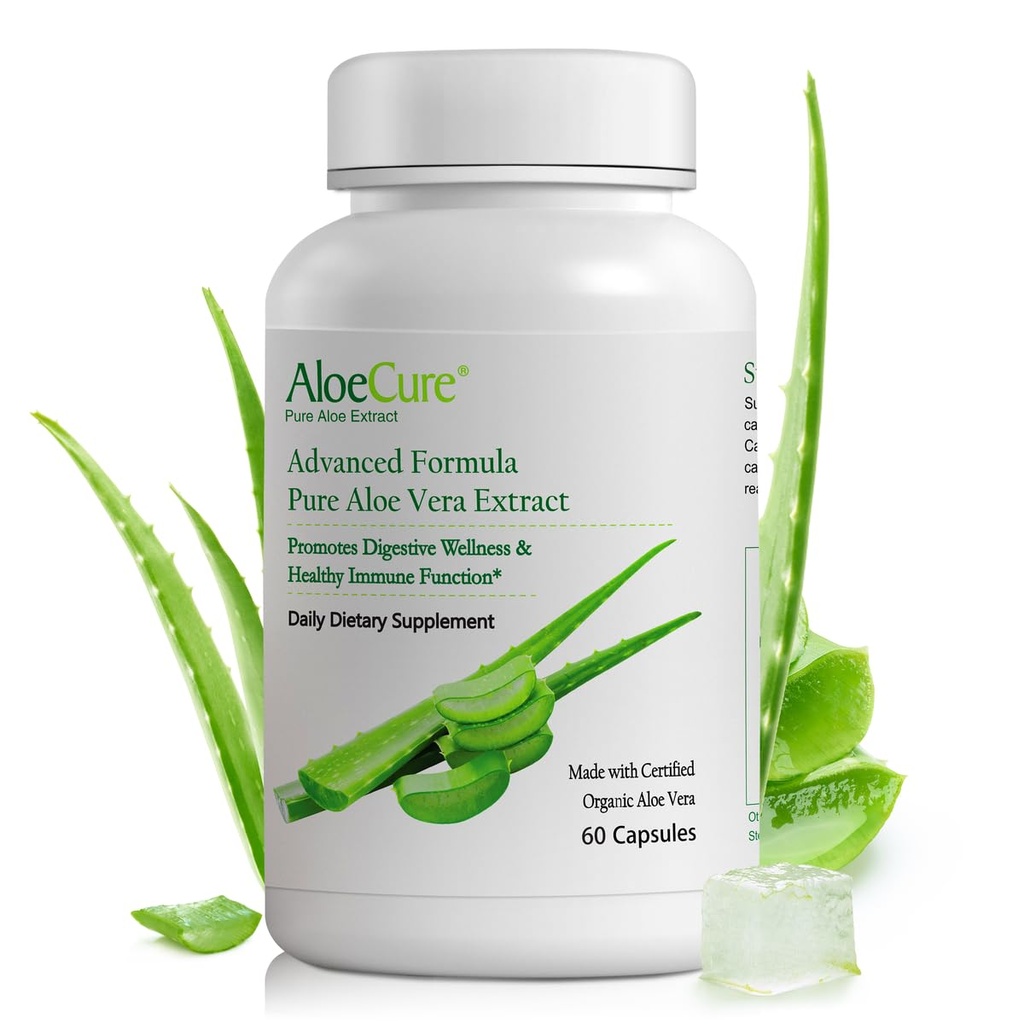 AloëCure Biologische Aloë Vera Capsules, 130.000mg Binnen Aloe Leaf Equivelant per Serving, Support Gut Health & Digestieve Comfort, Maagzuur Buffer, Natuurlijke Immune Supplement, Aloin Free, 60 Capsules