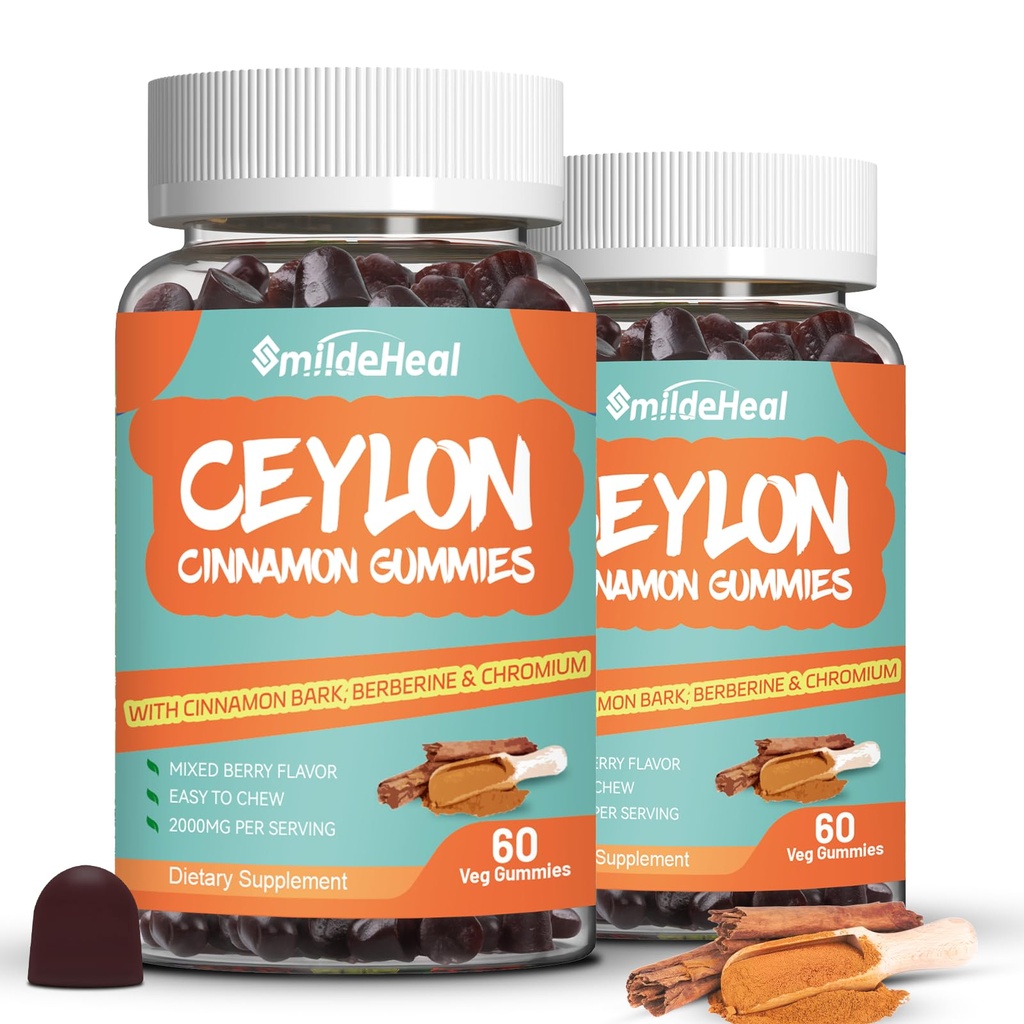2 Pack Sugar Free Ceylon Cinnamon Gummies 2000MG, Cinnamon Supplement met Chroom en kaneel Bark, Vegan, Non-GMO, Glutenvrij,120 Gummies