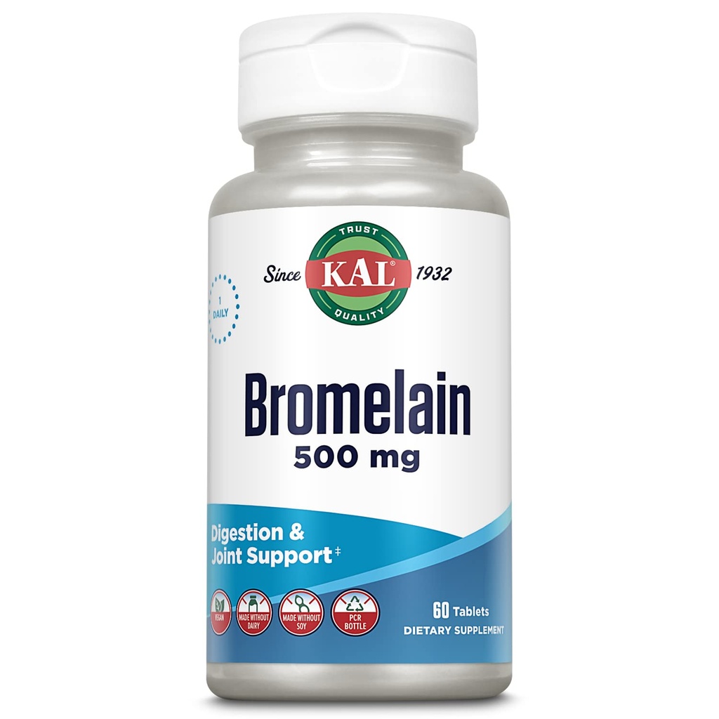 KAL Bromelain 500 mg, spijsverterings- en Joint Support Supplement, Digestieve enzymen, Ananas Extract, Snelle Disintegratie, Vegan, Made Without Dairy or Soy, Lab Verified, 60 Servings, 60 Tablets