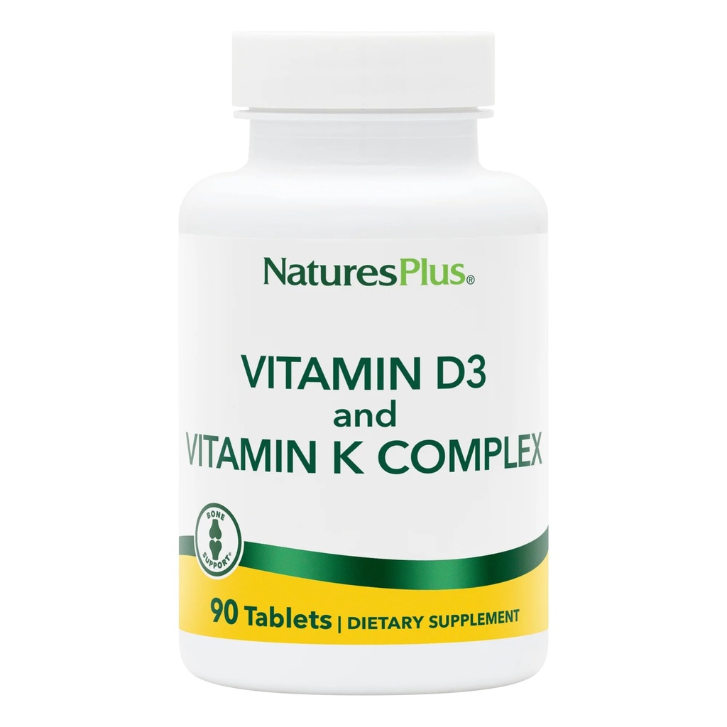 Natures Plus Vitaminen D3 & K2-90 Tabletten - Bevordert botondersteuning, immuunfunctie, cardiovasculaire gezondheid & Moodbalans - vegetarisch, glutenvrij - 90 porties