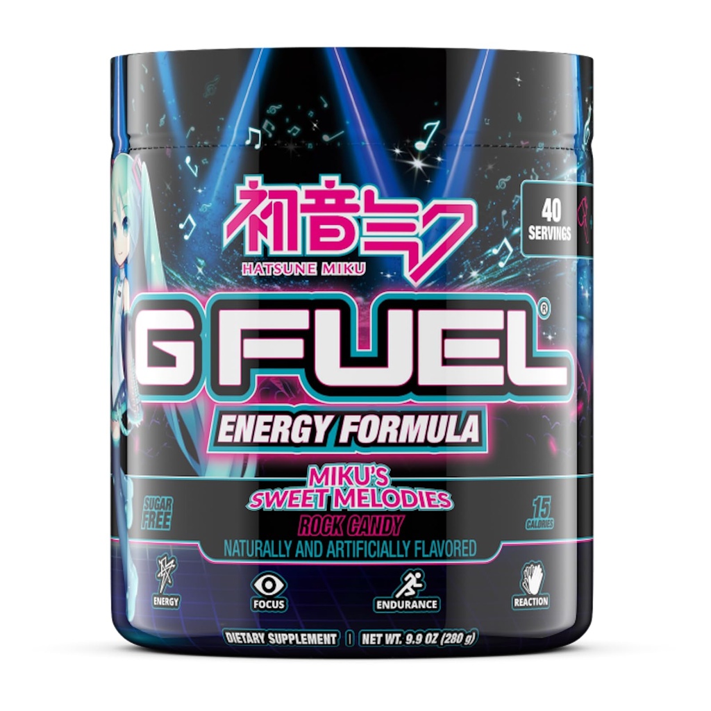G Fuel Sweet Melodies Hatsune Miku Energy Drink Powder, Pre Workout Cafeine Mix voor Gaming, Sugar Free Focus Amino, Vitamine + Antioxidanten, 9.9oz (Rock Candy, 40 Servings)
