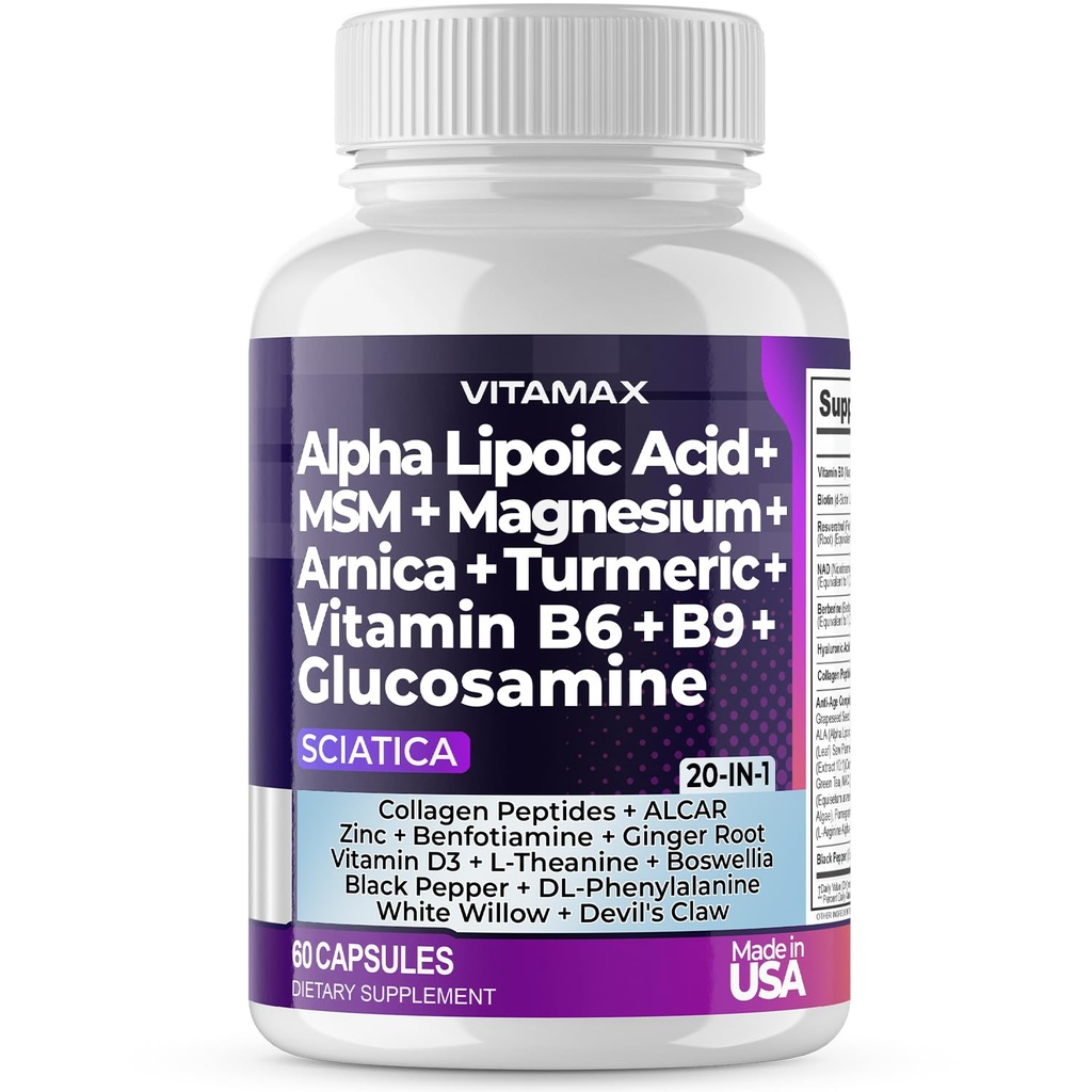 Sciatic Nerve Health Support - Sciatic Nerve Supplement Capsules with Folic Acid, Pea, Glucosamine, MSM, Vitamine B Complex, Alpha Lipoic Acid 300mg 