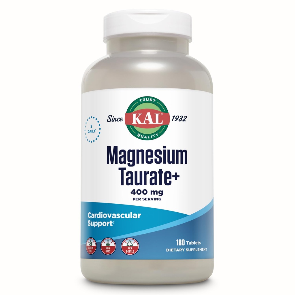 KAL Magnesium Taurate 400mg Plus Vitamin B6 - High Absorption Supplement - Muscle and Heart Health Support - Non-GMO, Vegan, Gluten Free, 60-Day Guarantee - 90 Servings