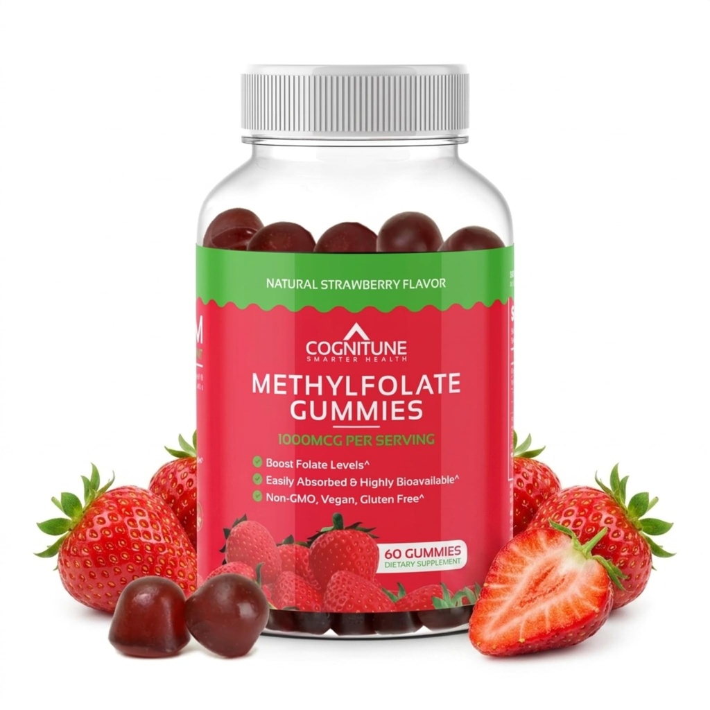 CogniTune Methylfolaat Gummies - Gemakkelijk te nemen Hoge Potentie L-methylfolaat, Folaatsupplement voor hersenen, Hart Gezondheid & Immuniteit, Delicious Aardbei smaak, Non-GMO, Veganist, Glutenvrije