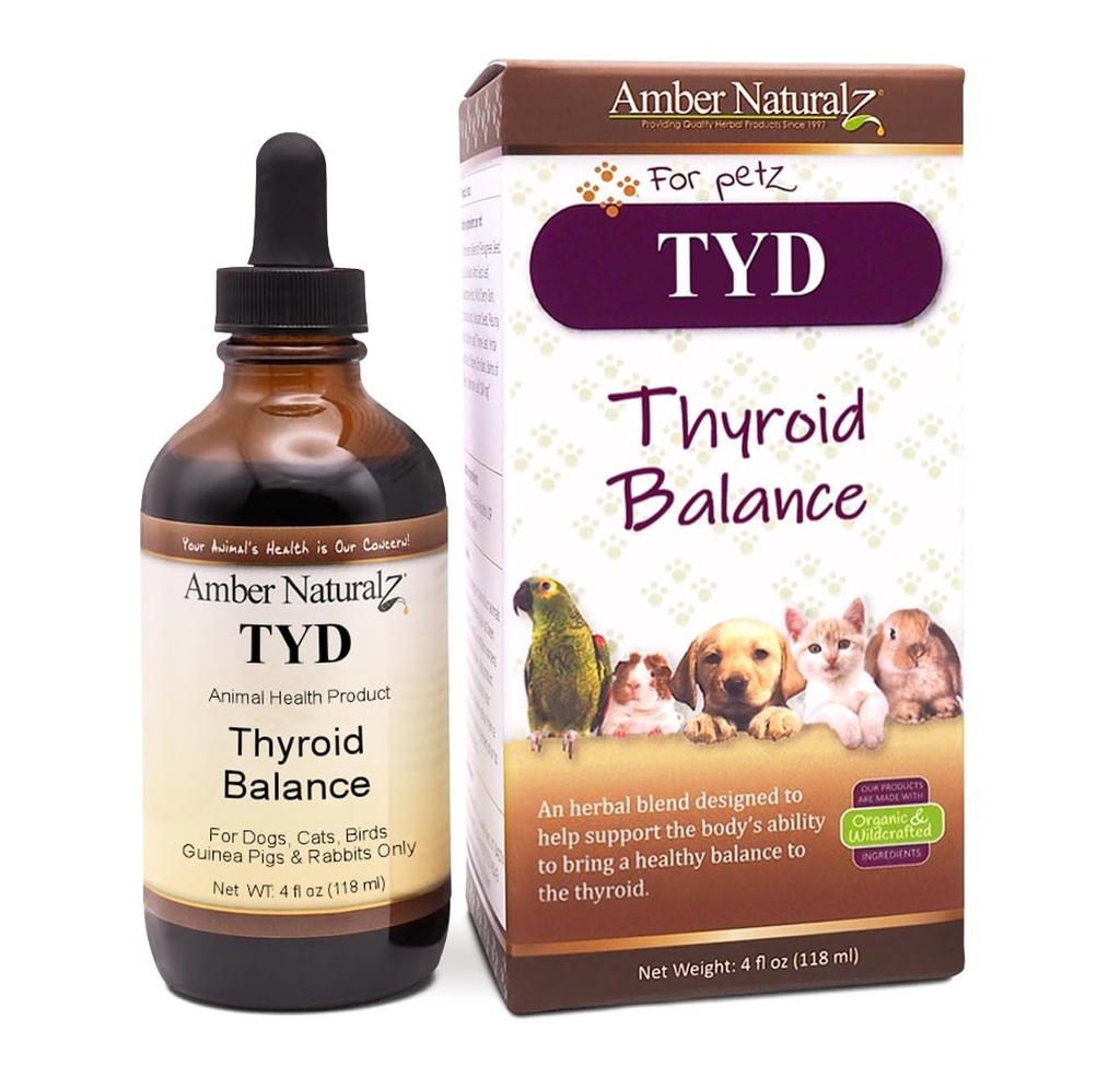 Amber NaturalZ TYD Thyroid Balance Herbal Supplement for Dogs, Cats, Birds, Guinea Pigs, and Rabbits | Herbal Pet Supplement for Thyroid Health | 4 Fluid Ounce Glass Bottle | Manufactured in The USA