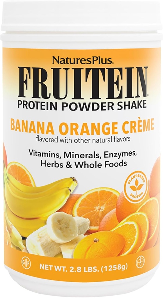 NaturesPlus FRUITEIN Banana Orange Creme Shake - 2,8 lbs - 10 gram plantaardig eiwit per portie - Ondersteunt energie- en immuunsysteem - Vegetarisch, glutenvrij & niet-GMO - 37 porties
