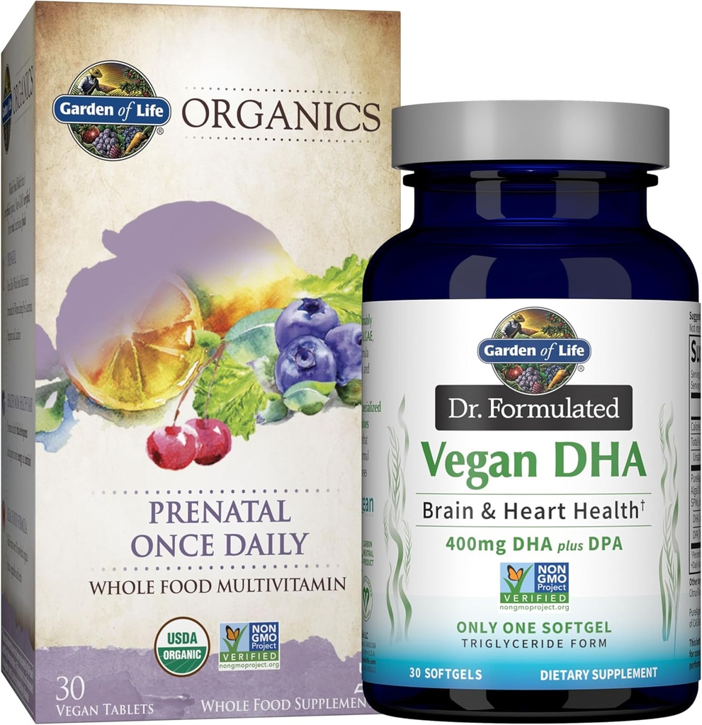 Garden of Life Once Daily Vegan DHA + Prenatal Multi Bundle: Dr Formulated Vegan DHA 30 Softgels + Organics Prenatal Once Daily Multivitamins with Folate for Women’s Prenatal Health, 30 Tablets
