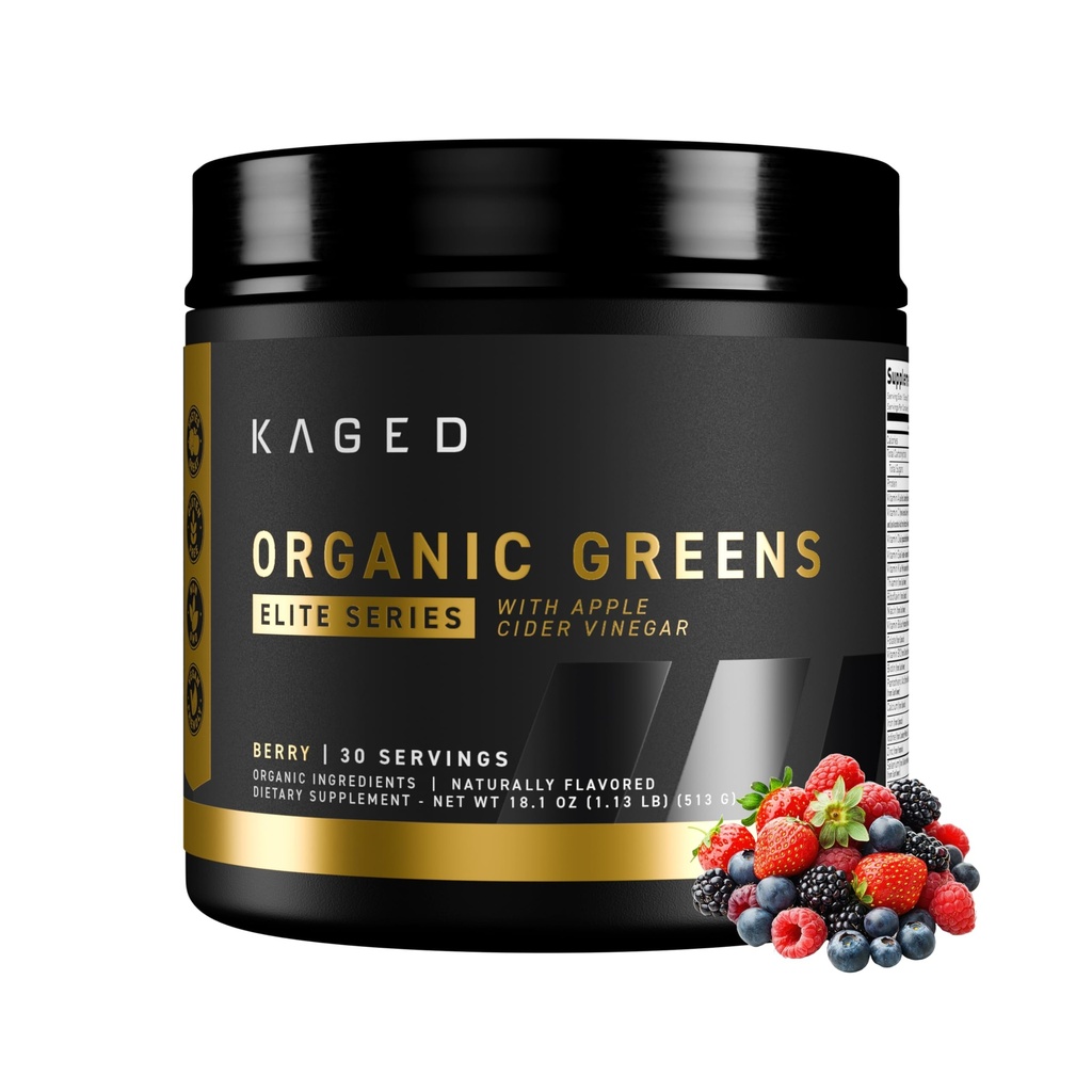 Kaged Organic Greens Elite, Superfood and Greens Powder with Apple Cider Vinegar, Adaptogen, Prebiotics, Vitamins & Minerals, Berry, 30 Servings