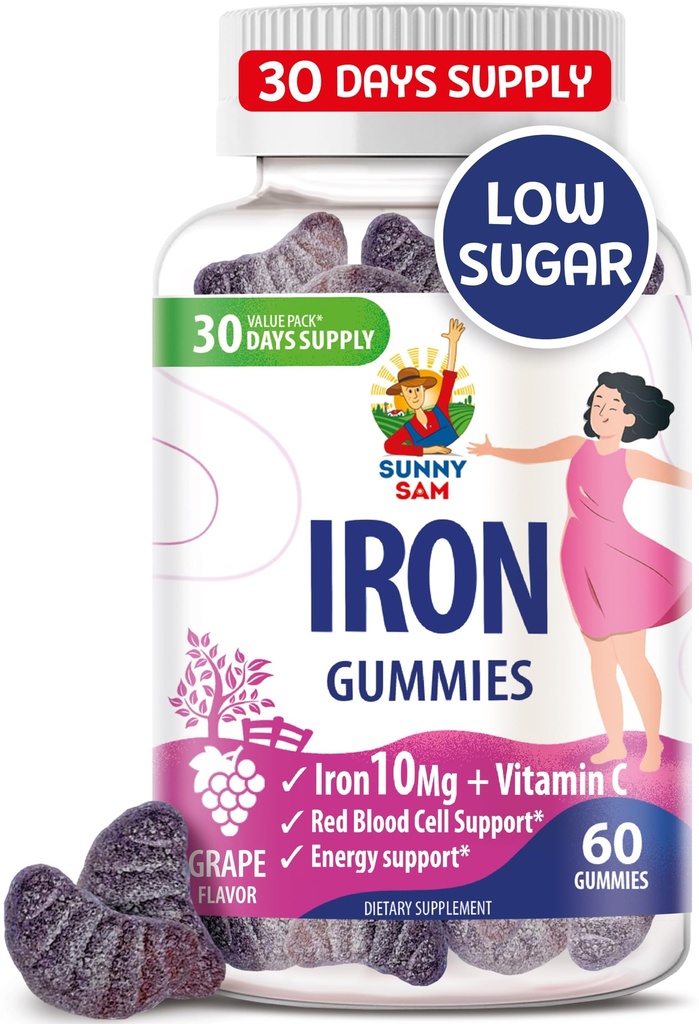 SUNNY SAM Iron Gummies for Kids & Adults - Iron Vitamins with Vitamin C, 10mg per Serving - Kauwbare Fruit Gummy for Immune Support Red Blood Cell Production