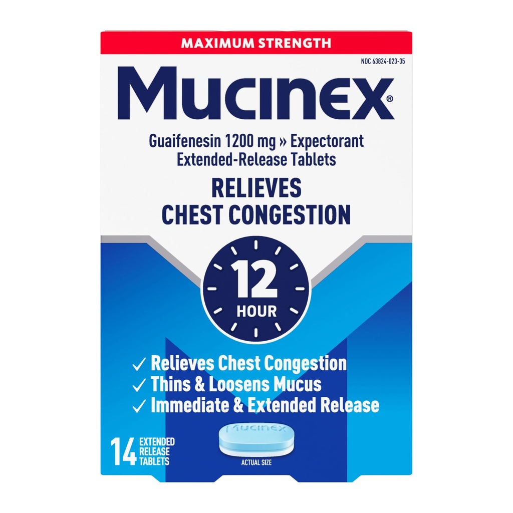 Mucinex Borstcongestie, maximale sterkte 12 uur Uitgebreide Release Tabletten, 14ct, 1200 mg Guaifenesin met uitgebreide verlichting van de borstcongestie Veroorzaakt door Excess Mucus, Thins en loss Mucus