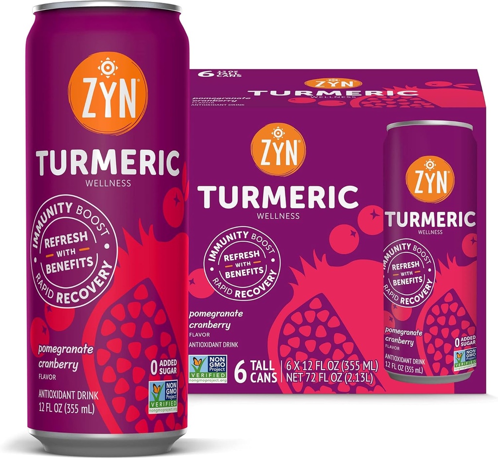 ZYN Kurkuma Wellness Drink (6 Pack), Granaatappel Cranberry Flavored Kurkuma Curcumin Drink met zwarte peper, Geen toegevoegde suiker, lage Carb & Low Calorie Drink, Clean Alternatief