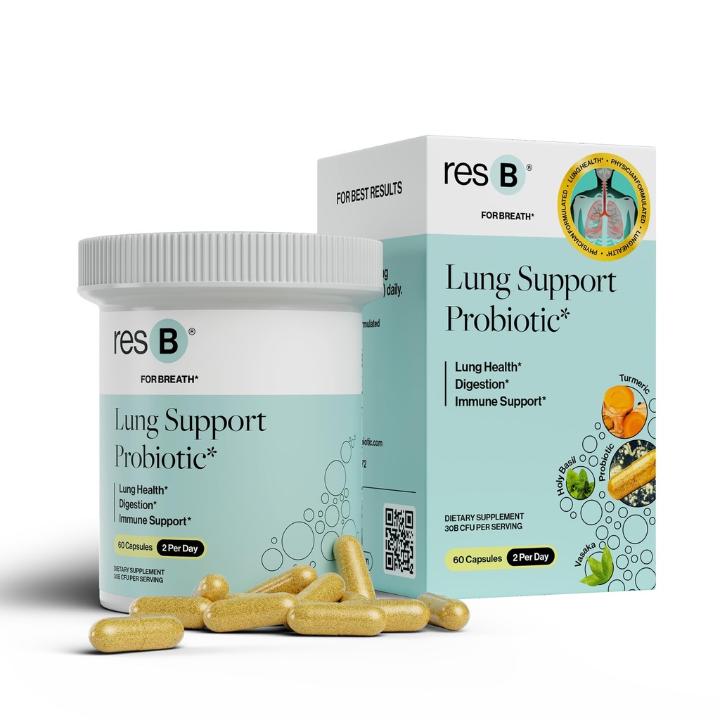 resB Lung Support Probiotic Supplement - Long Health Supplement voor rokers, Gut Health, Immuun & Digestieve Ondersteuning, Ademhalingsstelsel, Heilige Basil & Kurkuma, Klinisch Trialed - 60 Capsules