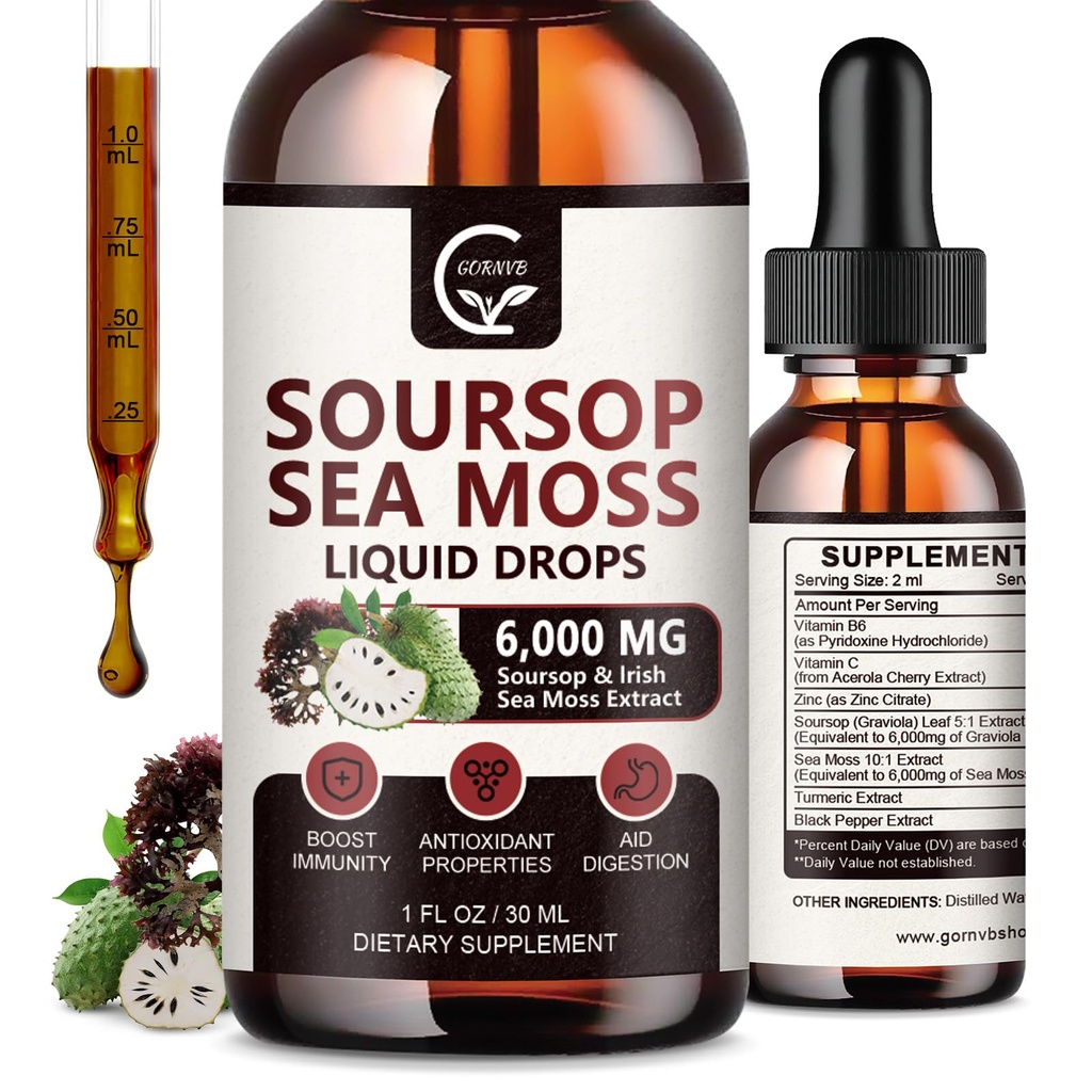 (2 Pack) Soursop Graviola Liquid Drop, Soursop Bitters Multivitamine Liquid with Sea Moss & Turmeric, 98% Absorptie voor Cell Support & Regeneratie, Immune Boost en Lever, 1 Fl Oz
