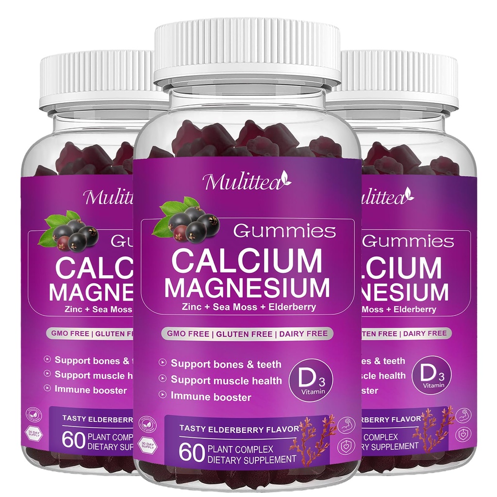 Calcium Magnesium Zink Gummies met hoge absorptie Magnesium Glycinate 200mg, Kalium -Plat Calcium Supplement w/D3 & Sea Moss for Bone, Muscles, Calm Mood & Slaap Ondersteuning- Kinderen & volwassenen (3 Pack)