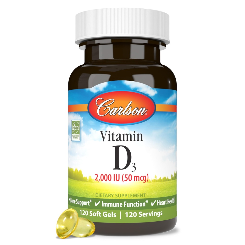 Carlson - Vitamine D3, 2000 IE (50 mcg), Immune Support, Bone Health, Muscle Health, Cholecalciferol, Vitamine D Supplementen, Vitamine D3 Zachte Gels, 120 Softgels