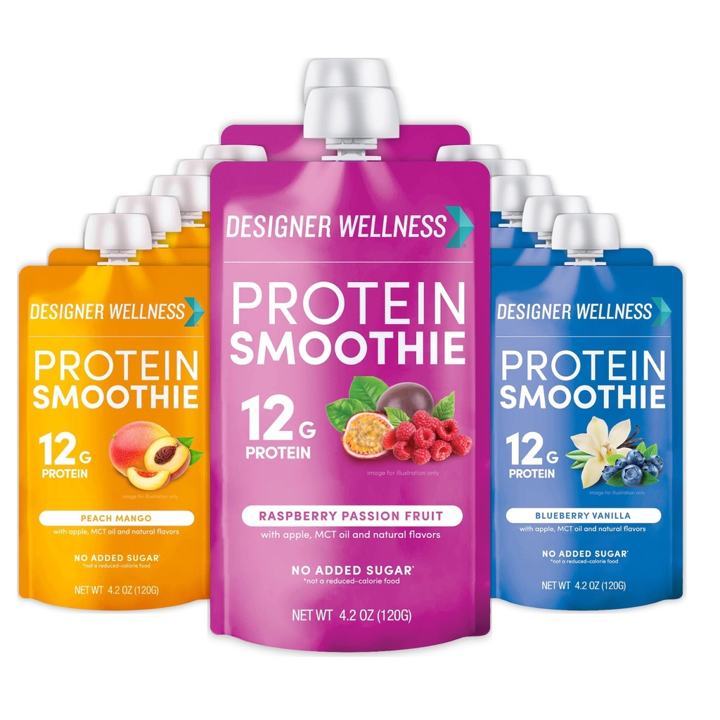 Designer Wellness Proteine Smoothie, Real Fruit, 12g Proteïne, Low Carb, Zero Added Sugar, Glutenvrij, Non-GMO, Geen kunstmatige kleuren of smaken, Super Fruit Variety Pack, 12 Tellen