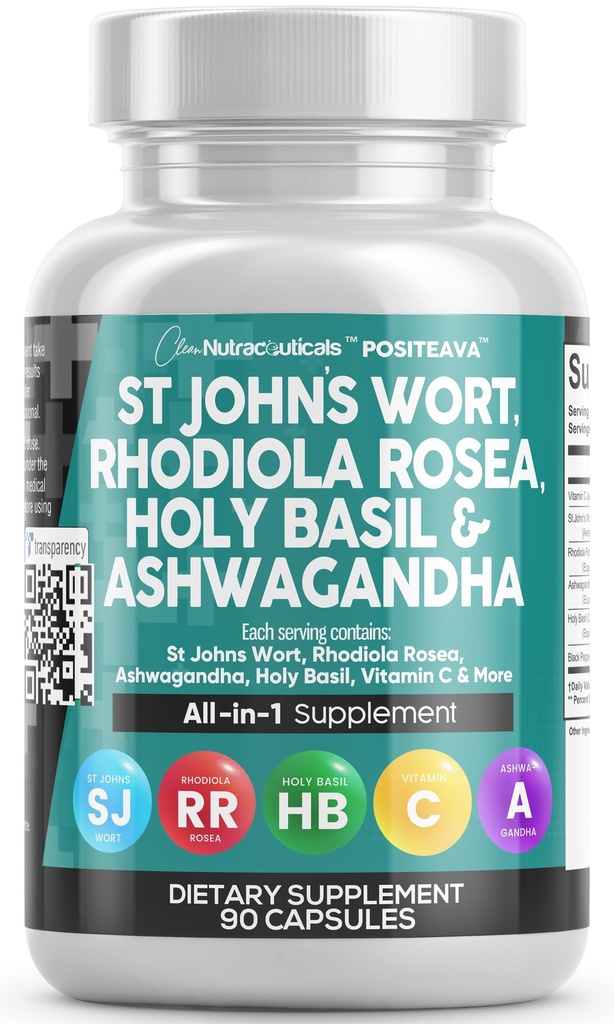 Clean Nutraceuticals St Johns Wort Rhodiola Rosea Heilige Basil Ashwagandha - Mood Ondersteuning voor vrouwen en mannen met vitamine C & Black Pepper Extract - 90 Caps
