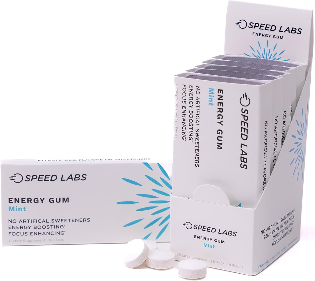 Speed Labs Mint Natural Cafeïne Energie Gum 25mg Cafeïne, Taurine, B Vitaminen per stuk, 48 stuks (6 verpakkingen van 8) Suikervrij, Zero Calorieën, Natuurlijk Gezoet, Glutenvrij
