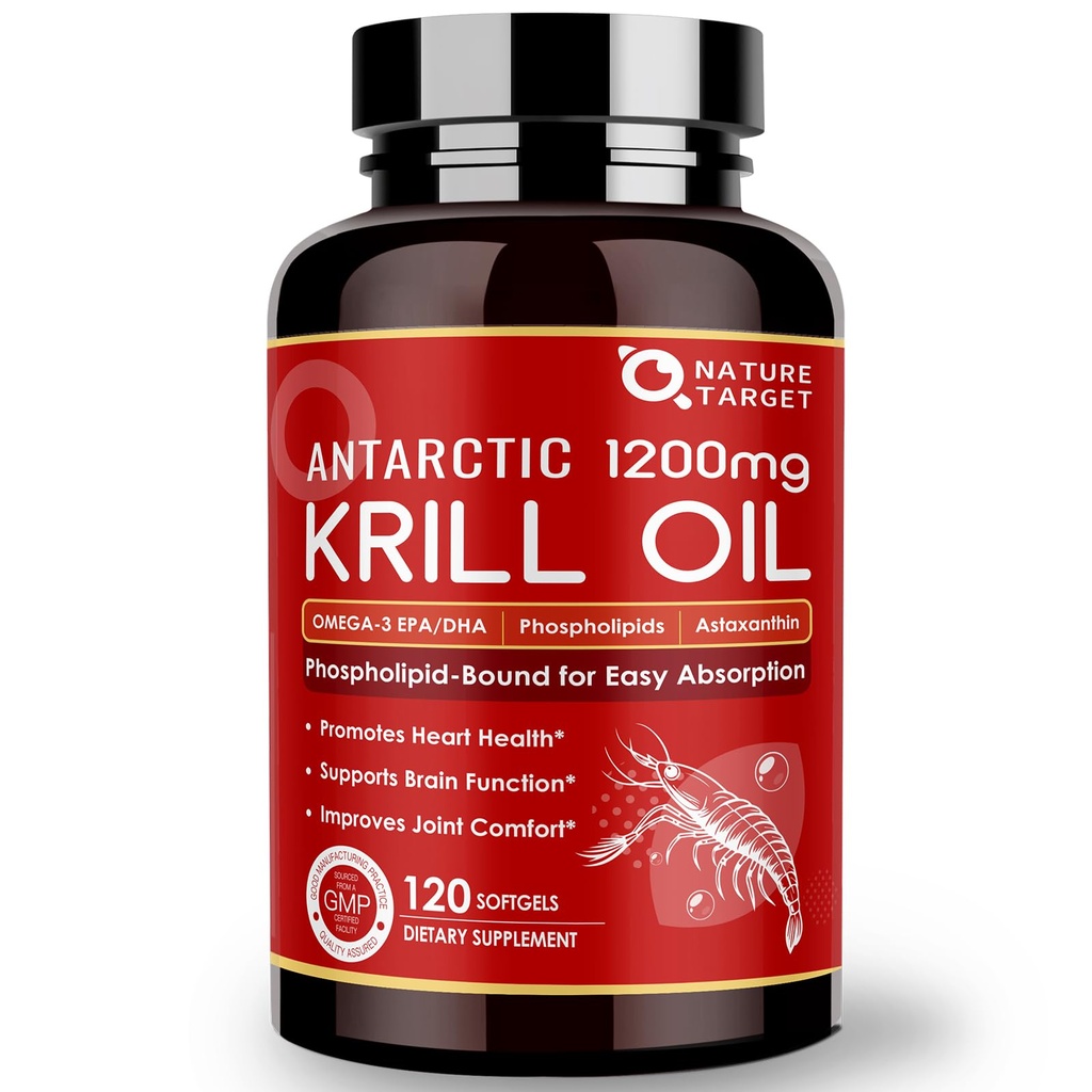 NATURE TARGET Krill Oil 1200mg with Omega-3 EPA & DHA with Astaxanthine, Fosfolipiden & Choline - Supports Heart, Brain, Join Health, Non-GMO, Gluten Free, 120 Softgels (60 Servings)