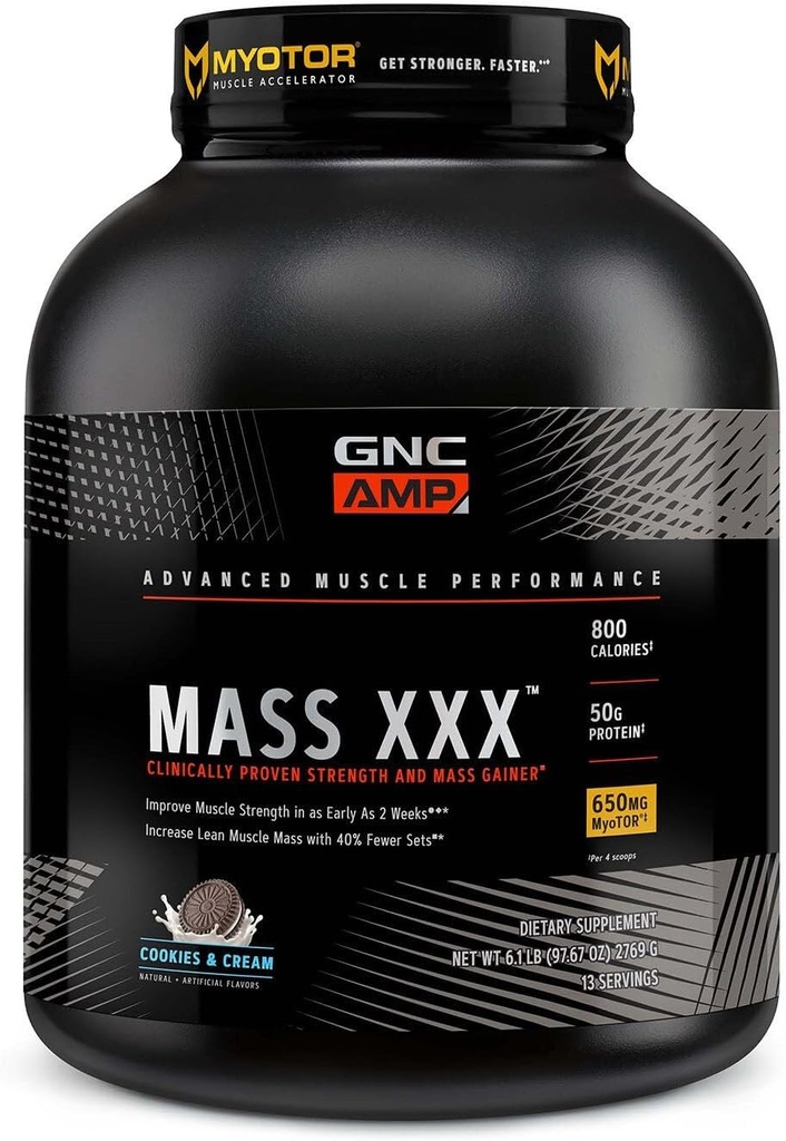GNC AMP Mass XXX, klinisch bewezen Weight Gainer Protein Powder, verbetert de sterkte, grootte, 780 Calorieën, 50g Proteïne, Micronized Aminozuren, Creatine, Betaine, Cookies & Cream, 13 Servings, 6 SVG