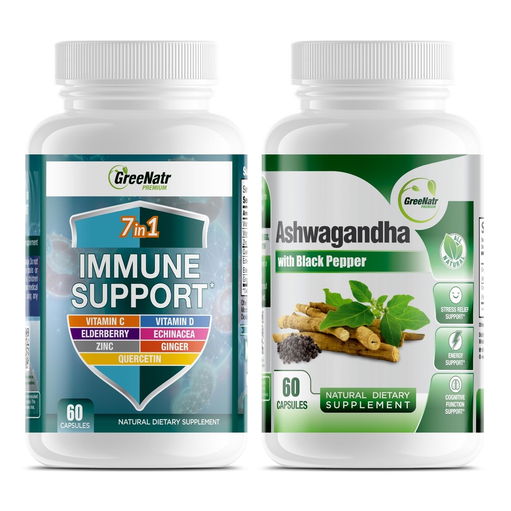 GreeNatr 7-in-1 Immune Support Supplement met vitamine C, vitamine D3, zink 50mg, quercetine, gecombineerd met Organische Ashwagandha Capsules met zwarte peper voor verbeterde absorptie