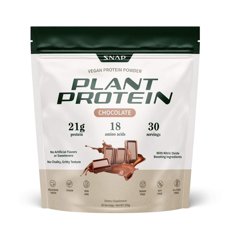 Snap Supplementen Organic Plant Based Vegan Protein Powder Nitric Oxid Boosting Protein Powder, BCAA Amino Acid for Muscle Growth, Performance & Recovery - 30 Servings (Chocolate)