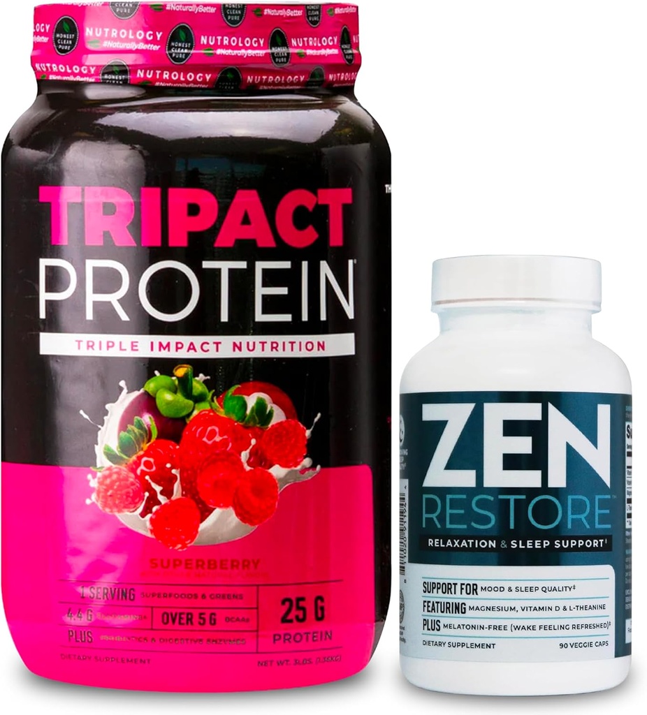 Nutrology TRIPACT Protein Powder, 7-in-1 Meal Replacement Shake, Superberry (40 Servings) Zen Natural Magnesium Supplement (30 Servings)