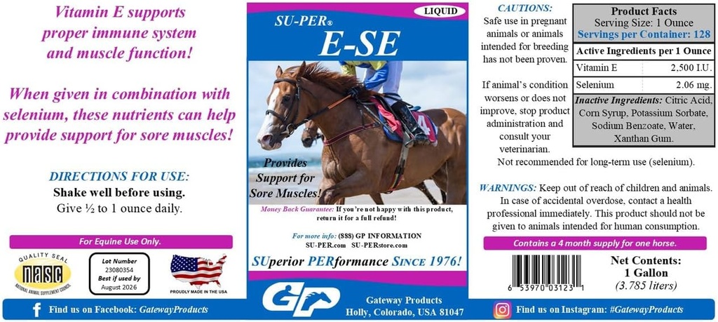 SU-PER E-Se Paarden Antioxidant Supplement - Vitamine E & Selenium voor pijnlijke spieren Ondersteuning - 1 Gallon, 4 maanden levering (120 dagen)