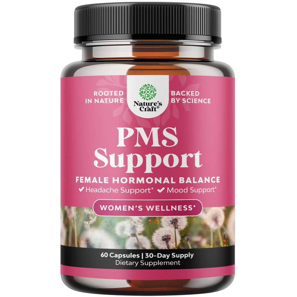 PMS Support Supplement for Women – Hormone Balance for Women & Menstrual Discomfort with DIM, Chasteberry, Black Cohosh & Ashwagandha - for Period Cramps Ease, Menopause Bloating, Mood Swing – 60 Ct