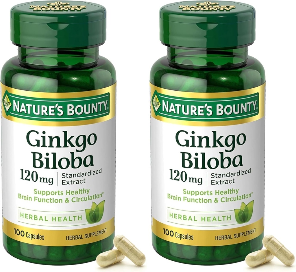 Nature's Bounty Ginkgo Biloba Standardized Extract 120 mg, Kruidenflessen, Capsule, 100 Telling, Verpakking van 2