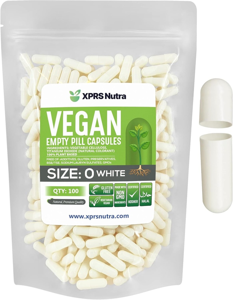 XPRS Nutra Maat 0 Lege capsules - 100 Graaf Lege Vegan Capsules - Vegetarische pillen - DIY plantaardige capsule vullen - Veggie pilscaps voor Do-It-Yourself Supplements (White)