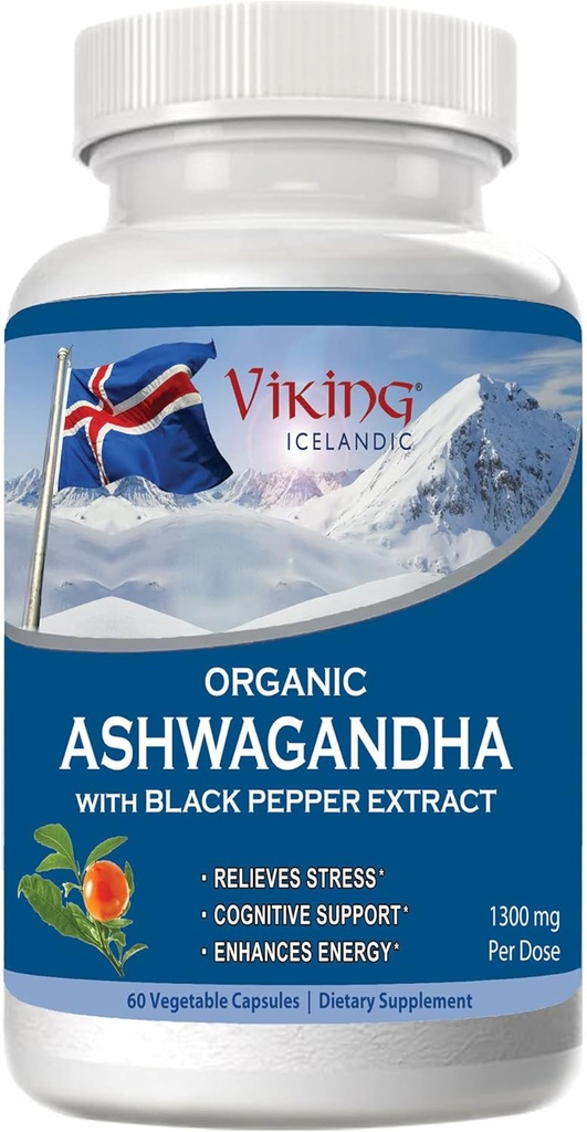 Viking Biologische Ashwagandha met Black Pepper Extract IJslands. 60 Vegan Capsules - Maximale absorptie voor Stress, Mood & Energy Ondersteuning