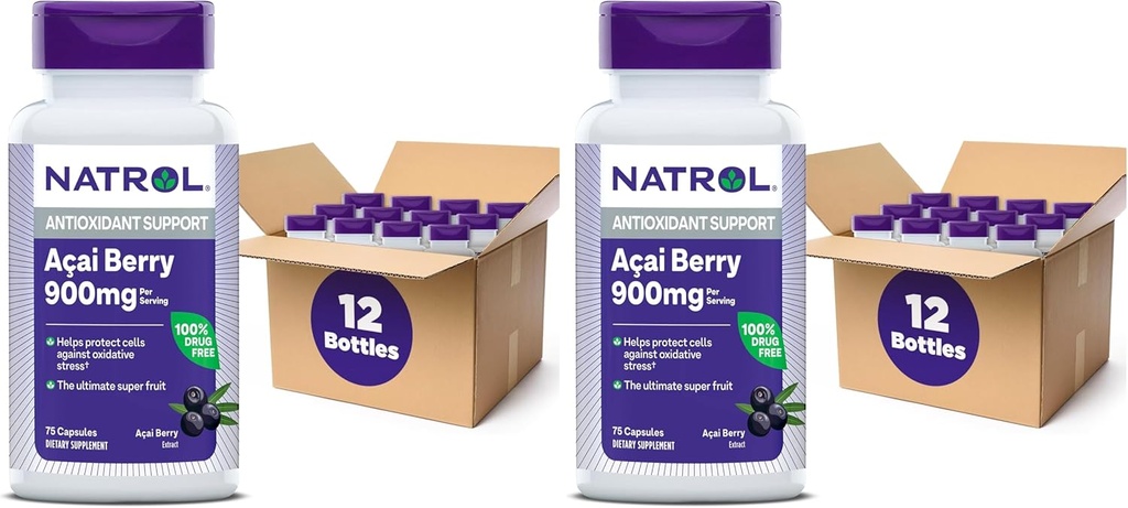 Natrol Acai Berry, Dieetsupplement, Antioxidant Protection & Defense, The Ultimate Super Fruit, 1000 mg Veggie Capsules, 75 Tellen (Pack of 24)