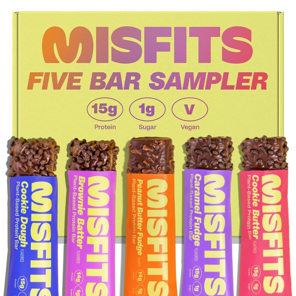 Misfits Vegan Protein Bars - Geactualiseerd Recept Gebaseerd op planten, Low Sugar & Carb, High Fiber Snacks 