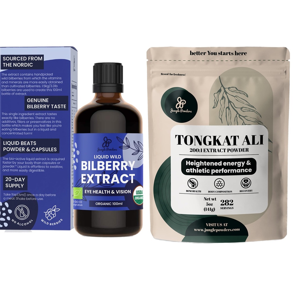Jungle poeders Tongkat Ali voor mannen poeders 200:1 Extract 5 Ounce zak, Wild bosbes Extract voor ogen Biologische 3.4oz Fles bosbes supplement voor ogen