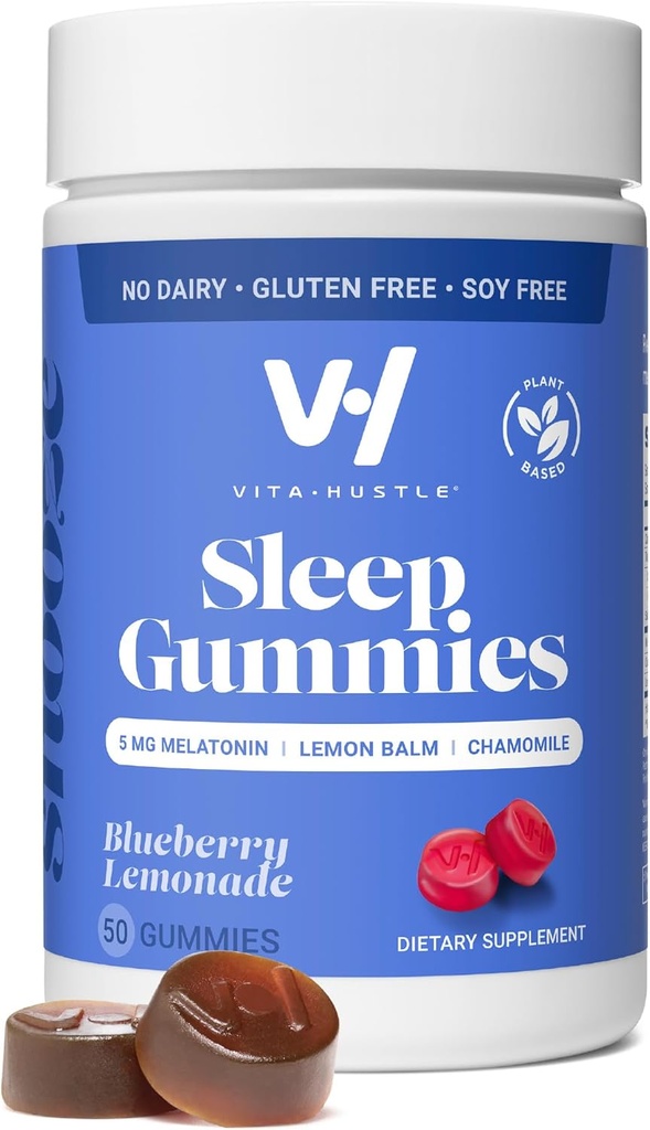 VitaHustle Natural Sleep Gummy 5 mg Melatonine, citroenbalsem, kamille, ontspannen & slaaphulp, lage suiker, plantaardige basis, Blueberry Lemonade, 50 Tel.