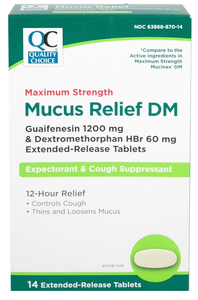 Quality Choice Maximum Strength Slijm Relief DM, Cough Suppressant and Expectorant, 12 Uur Relief, Guaifenesin 1200 mg en Dextromethorfan HBr 60 mg Extended Release Tablets, 14 Tel.
